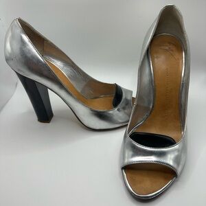 Giuseppe Zannotti vintage metallic silver & black color block peep to heels 39